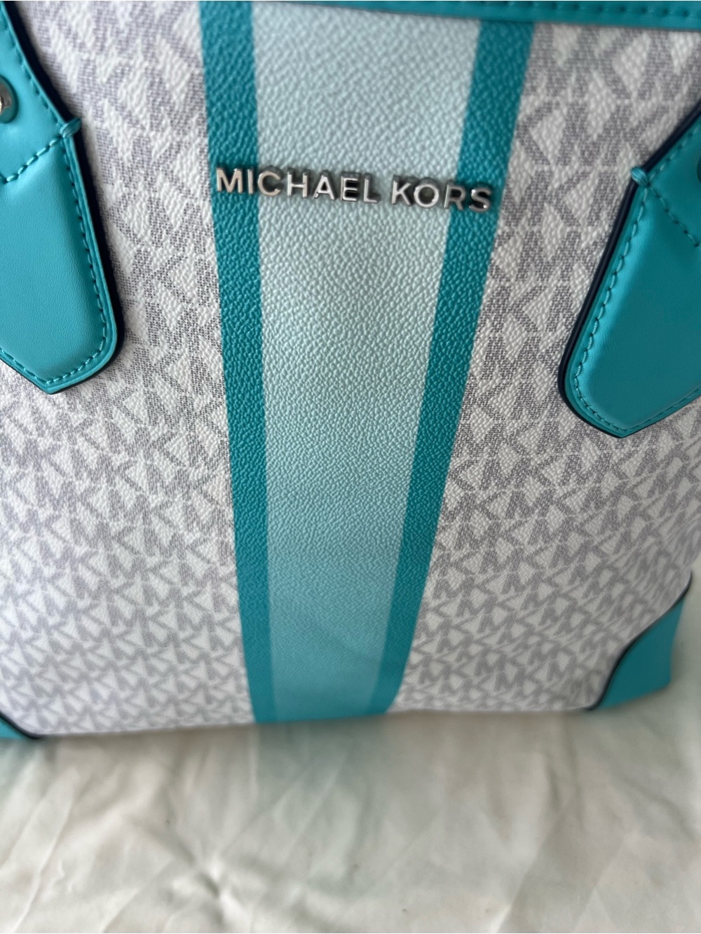 Michael Kors Turquoise Stripe MK EVA Signature Tote - Picture 2 of 8